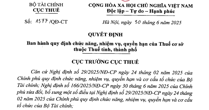 Đã có Quyết định 1377/QĐ-CT về nhiệm vụ quyền hạn của Thuế cơ sở