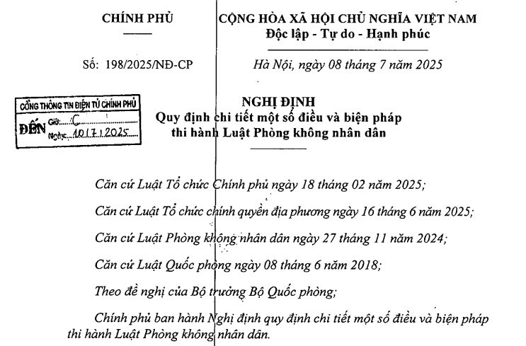 Đã có Nghị định 198/2025/NĐ-CP hướng dẫn Luật Phòng không nhân dân