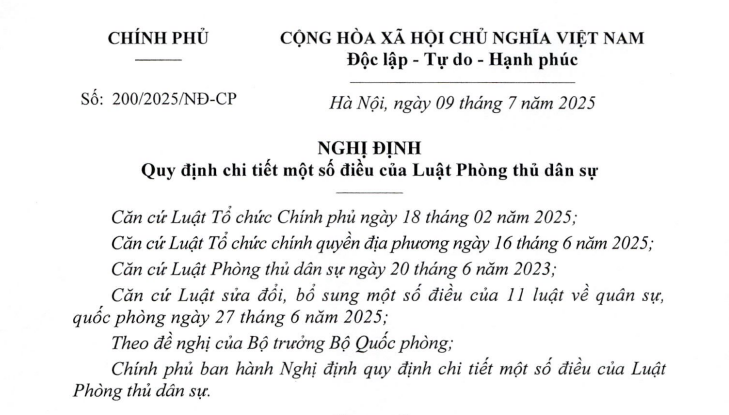 Đã có Nghị định 200/2025/NĐ-CP hướng dẫn Luật Phòng thủ dân sự
