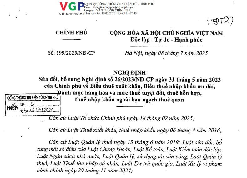 Đã có Nghị định 199/2025/NĐ-CP sửa đổi Biểu thuế xuất khẩu, Biểu thuế nhập khẩu ưu đãi tại Nghị định 26/2023 