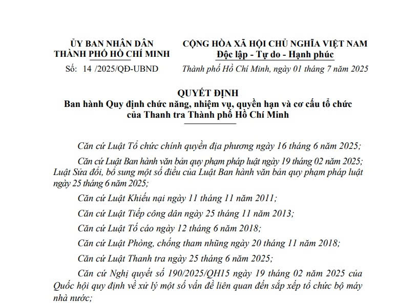 Quyết định 14/2025/QĐ-UBND: Cơ cấu tổ chức của Thanh tra TPHCM từ ngày 01/7/2025 