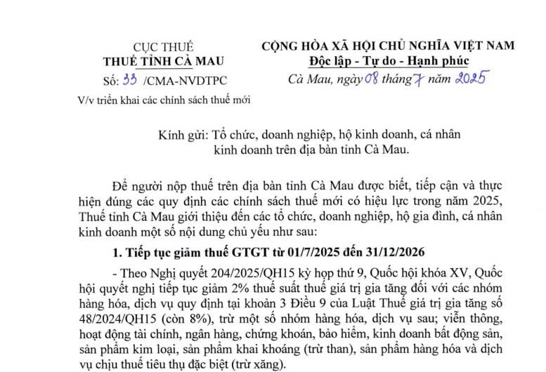Công văn 33: Hướng dẫn các chính sách mới về thuế GTGT của Thuế tỉnh Cà Mau 