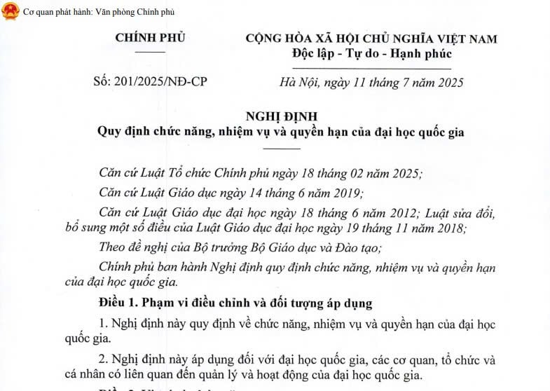 Đã có Nghị định 201/2025/NĐ-CP quy định về đại học quốc gia từ ngày 01/9/2025