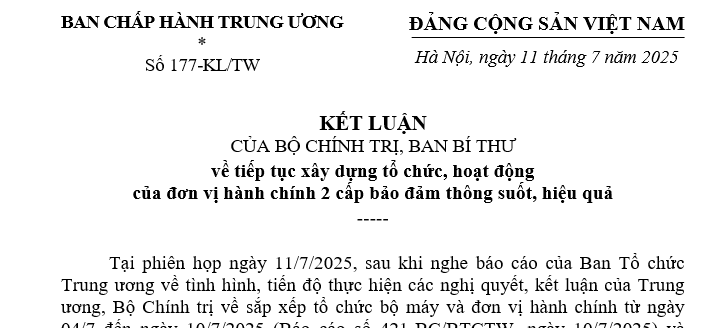 Đã có Kết luận 177-KL/TW về tiếp tục xây dựng tổ chức hoạt động của đơn vị hành chính 2 cấp