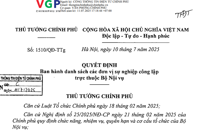 Chính thức Bộ Nội vụ có 2 đơn vị sự nghiệp công lập trực thuộc theo Quyết định 1510