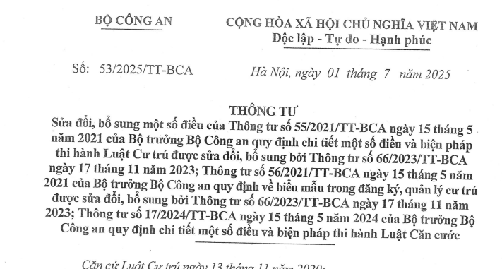 Đã có Thông tư 53/2025/TT-BCA sửa đổi Thông tư hướng dẫn Luật Cư trú, Luật Căn cước