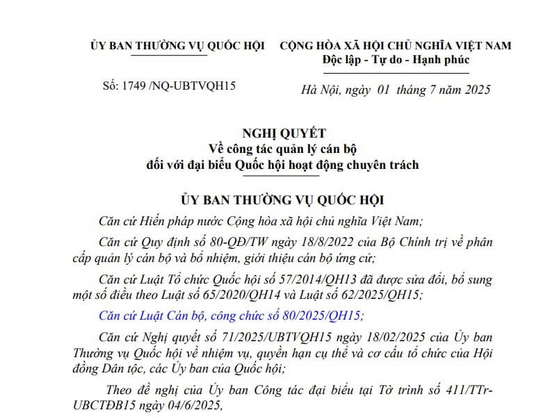 Nghị quyết 1749/NQ-UBTVQH15: Công tác quản lý cán bộ với đại biểu Quốc hội hoạt động chuyên trách
