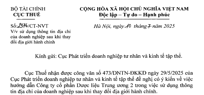 Đã có Công văn 2376/CT-NVT về sử dụng thông tin địa chỉ doanh nghiệp sau thay đổi địa giới hành chính