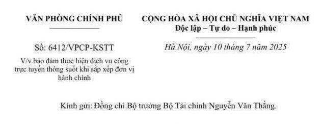 Công văn 6412: Chỉ đạo mới về dịch vụ công trực tuyến khi sắp xếp đơn vị hành chính
