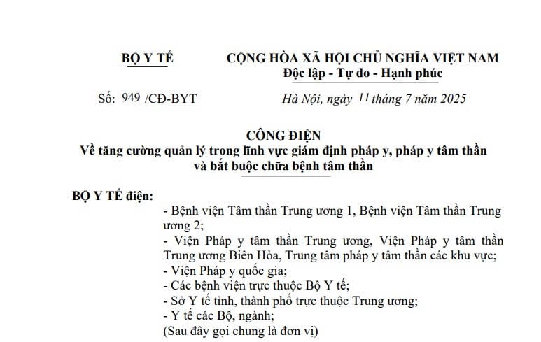 Công điện 949: Tăng cường quản lý giám định pháp y, pháp y tâm thần và bắt buộc chữa bệnh tâm thần