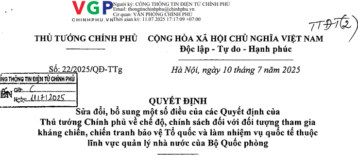 Đã có Quyết định 22/2025/QĐ-TTg sửa đổi chế độ chính sách đối với đối tượng tham gia bảo vệ Tổ quốc