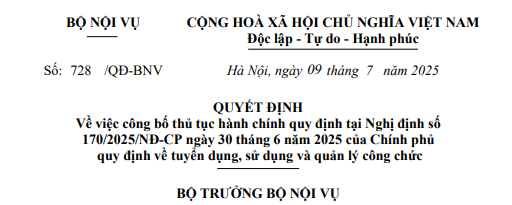 Đã có Quyết định 728/QĐ-BNV về thủ tục hành chính trong tuyển dụng và quản lý công chức