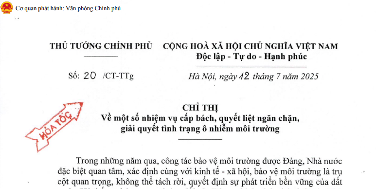 Chỉ thị 20: Chỉ thị hỏa tốc về giải quyết tình trạng ô nhiễm môi trường của Thủ tướng Chính phủ