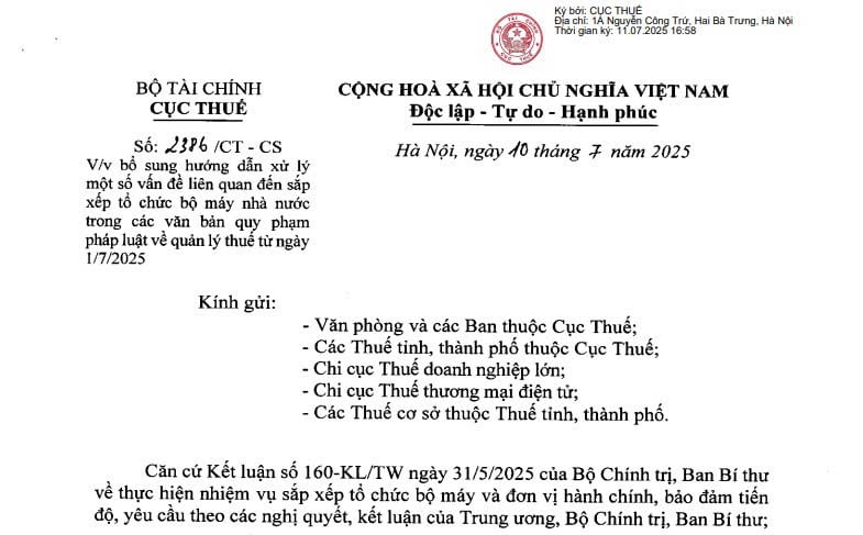Công văn 2386: Cục Thuế bổ sung hướng dẫn sắp xếp bộ máy trong các văn bản về quản lý thuế từ 01/7/2025