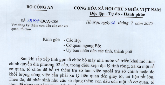 Hướng dẫn mới của Bộ Công an về đăng ký thêm con dấu của các cơ quan tổ chức theo Công văn 2984