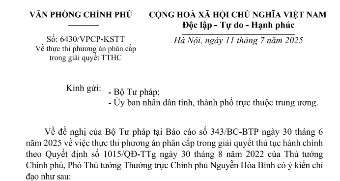 Công văn 6430: Hướng dẫn thực thi phương án phân cấp trong giải quyết thủ tục hành chính