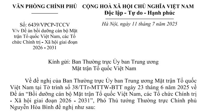Chỉ đạo mới về Đề án bồi dưỡng cán bộ Mặt trận Tổ quốc Việt Nam theo Công văn 6439