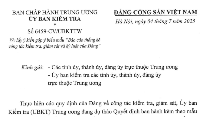 Công văn 6459: Chỉ đạo mới về Mẫu báo cáo thống kê công tác kiểm tra giám sát và kỷ luật Đảng