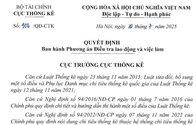 Đã có Phương án Điều tra lao động và việc làm từ năm 2026 (Quyết định 906/QĐ-CTK)