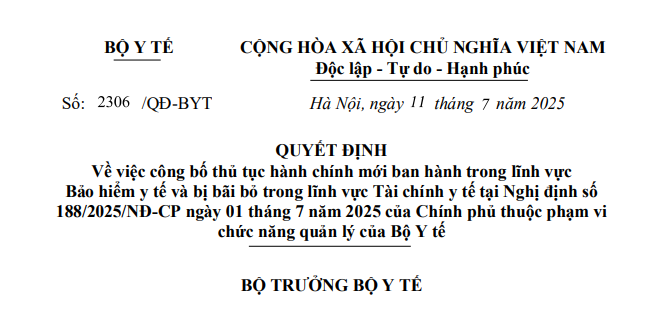 Đã có Quyết định 2306/QĐ-BYT công bố thủ tục hành chính mới  theo Nghị định 188/2025 về bảo hiểm y tế