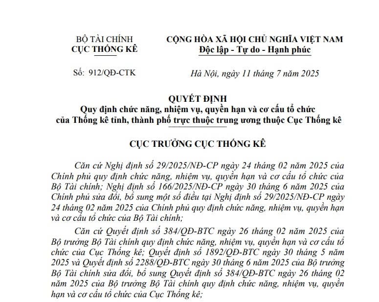 Đã có Quyết định 912/QĐ-CTK về cơ cấu tổ chức của Thống kê tỉnh thành phố trực thuộc trung ương 