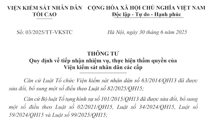Đã có Thông tư 03/2025/TT-VKSTC về thẩm quyền của Viện kiểm sát nhân dân các cấp