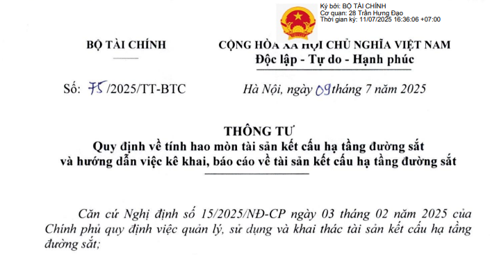 Đã có Thông tư 75/2025/TT-BTC về tính hao mòn tài sản kết cấu hạ tầng đường sắt