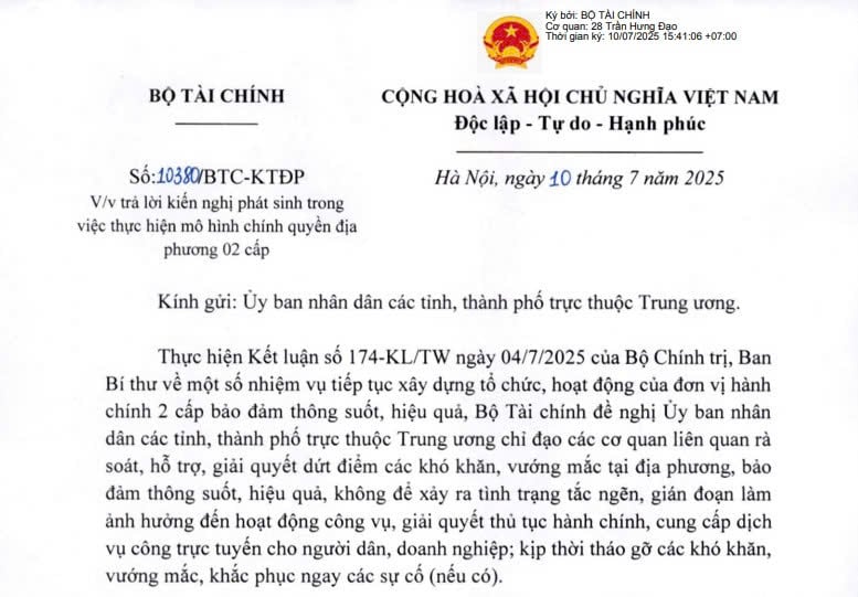 Công văn 10380: Bộ Tài chính trả lời kiến nghị về mô hình chính quyền địa phương 02 cấp 