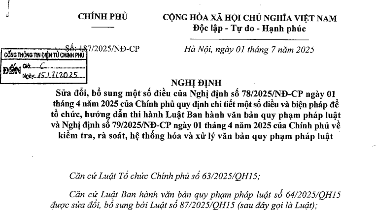 Đã có Nghị định 187/2025/NĐ-CP sửa đổi Nghị định 78/2025 hướng dẫn Luật Ban hành VBQPPL
