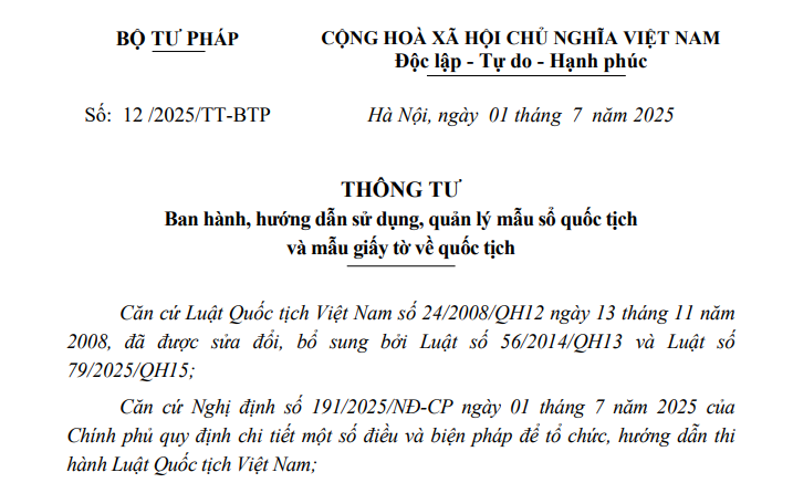 Đã có Thông tư 12/2025/TT-BTP hướng dẫn mẫu giấy tờ về quốc tịch