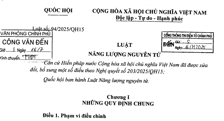 Đã có Luật Năng lượng nguyên tử 2025 (Luật số 94/2025/QH15)