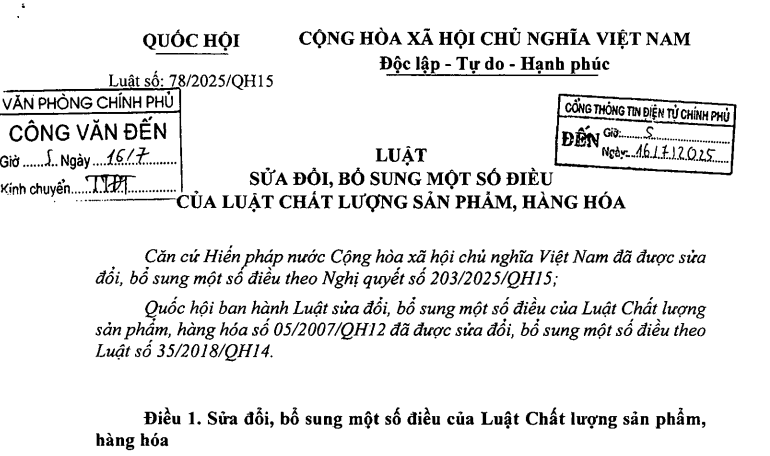 Đã có Luật sửa đổi Luật Chất lượng sản phẩm hàng hóa 2025 số 78/2025/QH15
