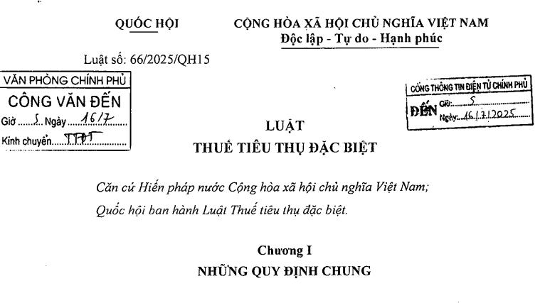 Đã có Luật Thuế tiêu thụ đặc biệt 2025 số 66/2025/QH15