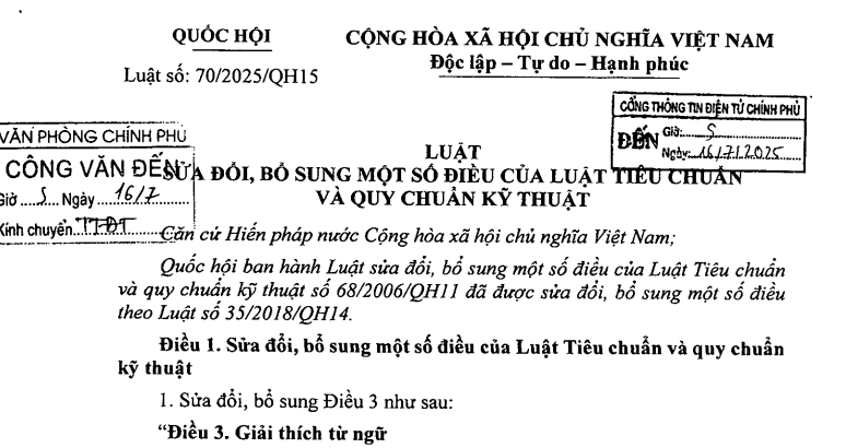 Đã có Luật sửa đổi Luật Tiêu chuẩn và quy chuẩn kỹ thuật 2025 (Luật số 70/2025/QH15)