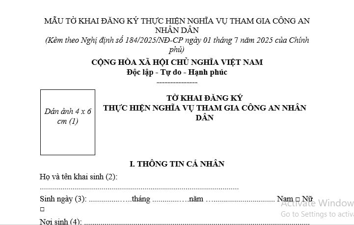 Hồ sơ tuyển chọn nghĩa vụ Công an nhân dân từ 01/7/2025: Mẫu tờ khai đăng ký thực hiện nghĩa vụ tham gia Công an nhân dân mới nhất 2025