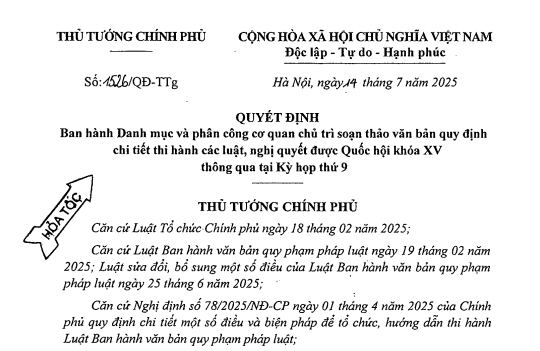 Quyết định 1526: Chỉ đạo hoả tốc soạn thảo văn bản hướng dẫn luật nghị quyết kỳ họp thứ 9