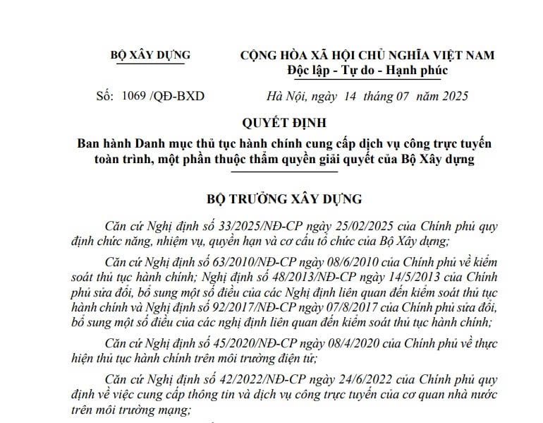 Danh mục thủ tục hành chính cung cấp dịch vụ công trực tuyến của Bộ Xây dựng từ ngày 14/7/2025 
