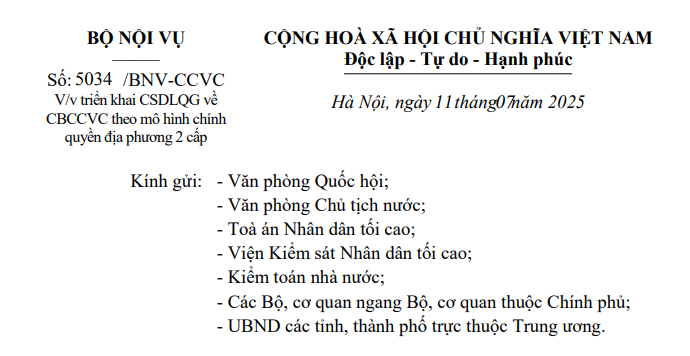 Chỉ đạo mới của Bộ Nội vụ về cán bộ công chức theo chính quyền địa phương 2 cấp (Công văn 5034/BNV-CCVC)