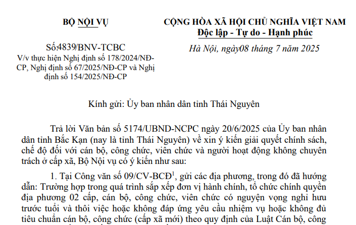Công văn 4839/BNV-TCBC: Hướng dẫn thực hiện chính sách theo Nghị định 178, 67 và 154