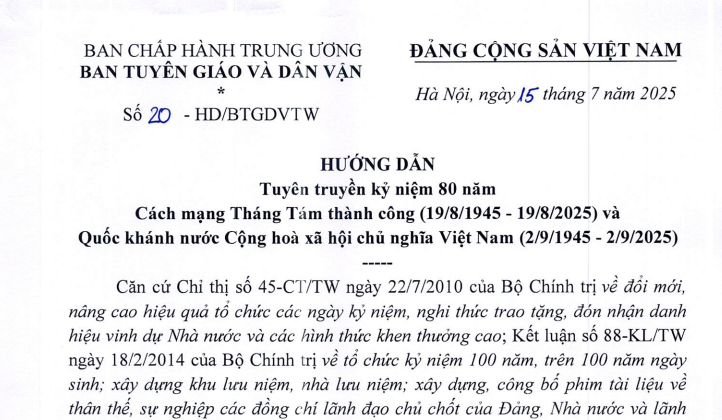 Đã có Hướng dẫn 20-HD/BTGDVTW tuyên truyền kỷ niệm 80 năm Quốc khánh 2/9