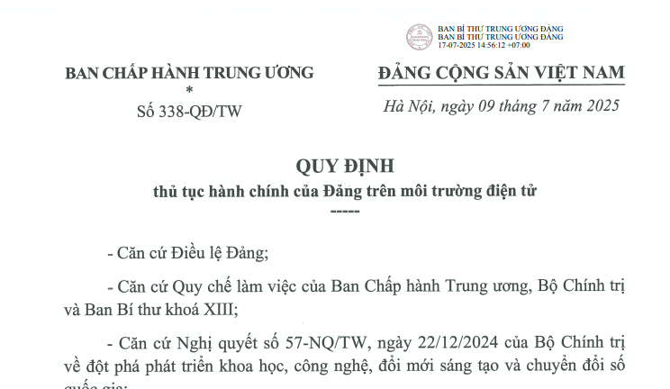 Đã có Quy định 338-QĐ/TW về thủ tục hành chính của Đảng trên môi trường điện tử