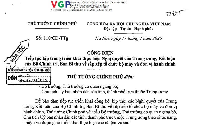 Công điện 110/CĐ-TTg: Tiếp tục triển khai sắp xếp tổ chức bộ máy và đơn vị hành chính
