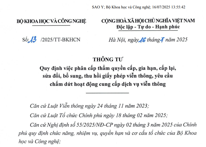 Đã có Thông tư 13/2025/TT-BKHCN về phân cấp thẩm quyền cấp giấy phép viễn thông