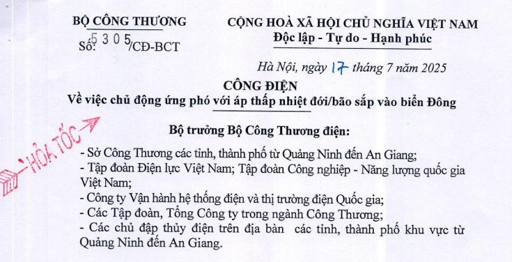 Chỉ đạo hỏa tốc về chủ động ứng phó với áp thấp nhiệt đới bão sắp vào biển Đông tại Công điện 5305/CĐ-BCT