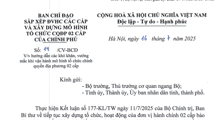 Đã có Công văn 14/CV-BCĐ hướng dẫn các khó khăn khi vận hành mô hình chính quyền địa phương 02 cấp