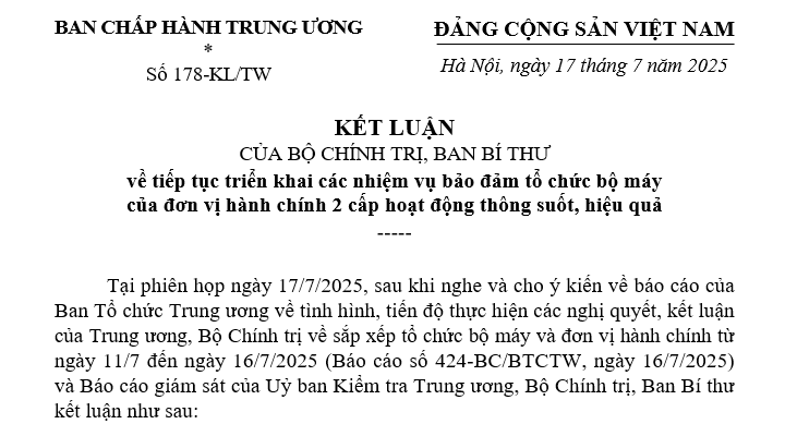 Đã có Kết luận 178-KL/TW về tiếp tục bảo đảm tổ chức bộ máy của đơn vị hành chính 2 cấp hoạt động thông suốt