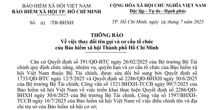 Thông báo 01: Danh sách 36 Bảo hiểm xã hội cơ sở thuộc Bảo hiểm xã hội Thành phố Hồ Chí Minh mới nhất