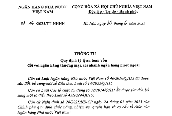 Đã có Thông tư 14/2025/TT-NHNN về tỷ lệ an toàn vốn với ngân hàng thương mại