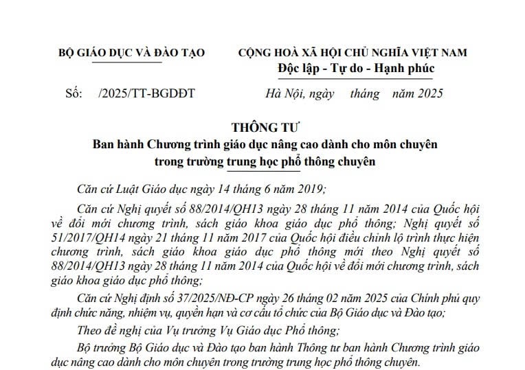 Cập nhật dự thảo Thông tư Chương trình giáo dục nâng cao các môn chuyên dành cho trường THPT chuyên