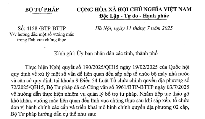Công văn 4158: Hướng dẫn mới về lĩnh vực chứng thực khi triển khai chính quyền địa phương 02 cấp
